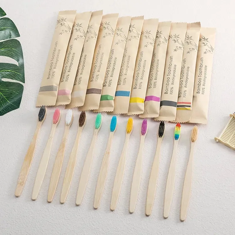 10 Piece Natural Bamboo Toothbrush Set with Cowhide Wrap