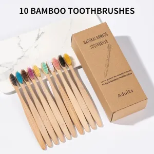 10 Piece Natural Bamboo Toothbrush Set with Cowhide Wrap