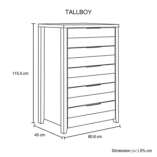 5-Piece Bedroom Suite | Natural Wood-like MDF | Double Size Oak Colour Bed | Bedside Table | Tallboy & Dresser