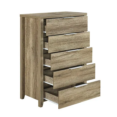 5-Piece Bedroom Suite | Natural Wood-like MDF | Double Size Oak Colour Bed | Bedside Table | Tallboy & Dresser