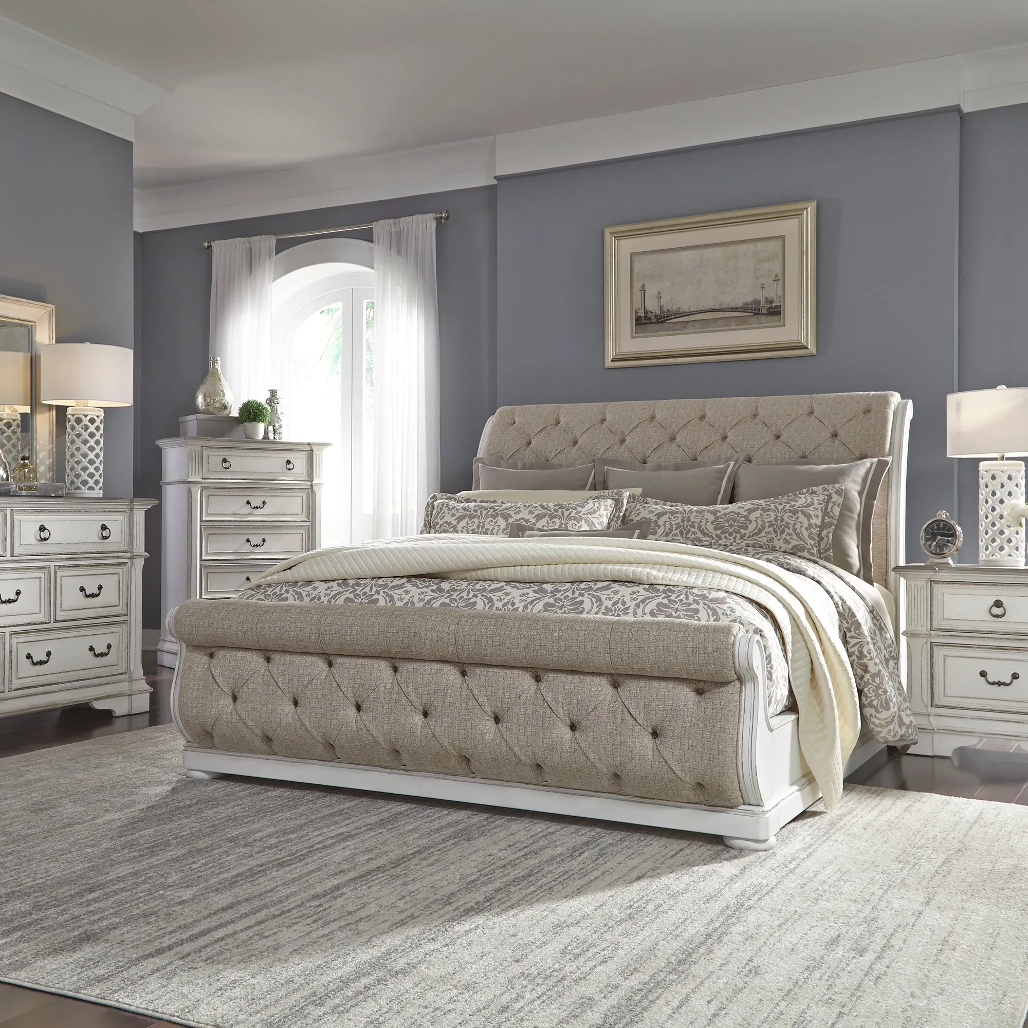 Abbey Park 520-BR-KUSLDMCN King Uph Sleigh Bed, Dresser & Mirror, Chest, Night Stand