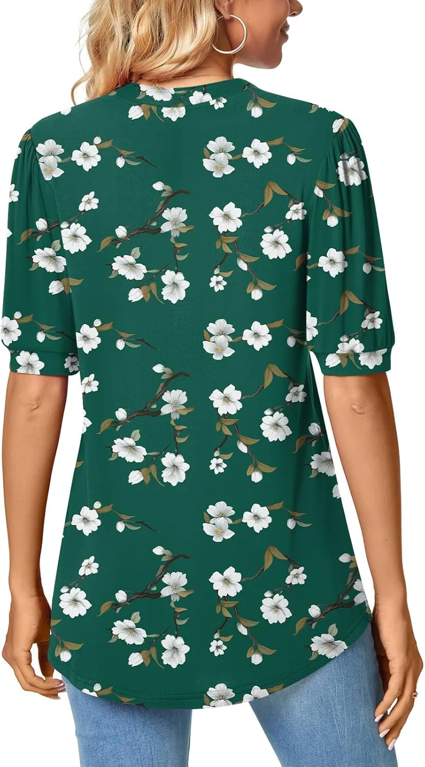 Anyally Womens Summer/Spring Puff Short Sleeve Tops Dressy Casual V-Neck T-Shirts Cute Blouse for Work