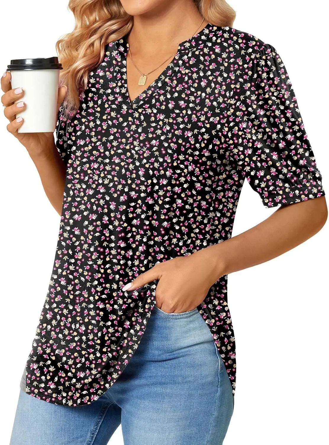 Anyally Womens Summer/Spring Puff Short Sleeve Tops Dressy Casual V-Neck T-Shirts Cute Blouse for Work