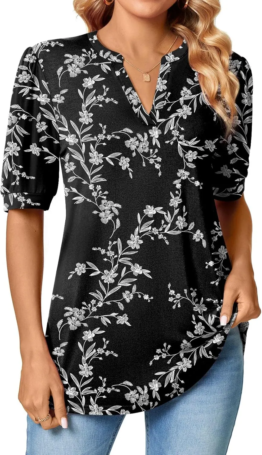 Anyally Womens Summer/Spring Puff Short Sleeve Tops Dressy Casual V-Neck T-Shirts Cute Blouse for Work
