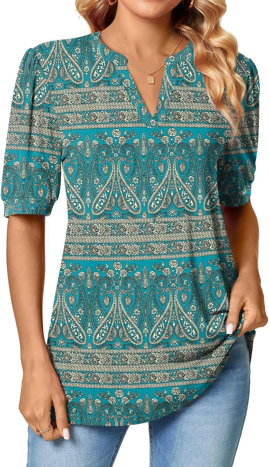 Anyally Womens Summer/Spring Puff Short Sleeve Tops Dressy Casual V-Neck T-Shirts Cute Blouse for Work
