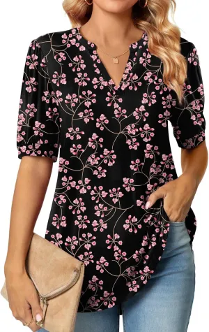Anyally Womens Summer/Spring Puff Short Sleeve Tops Dressy Casual V-Neck T-Shirts Cute Blouse for Work