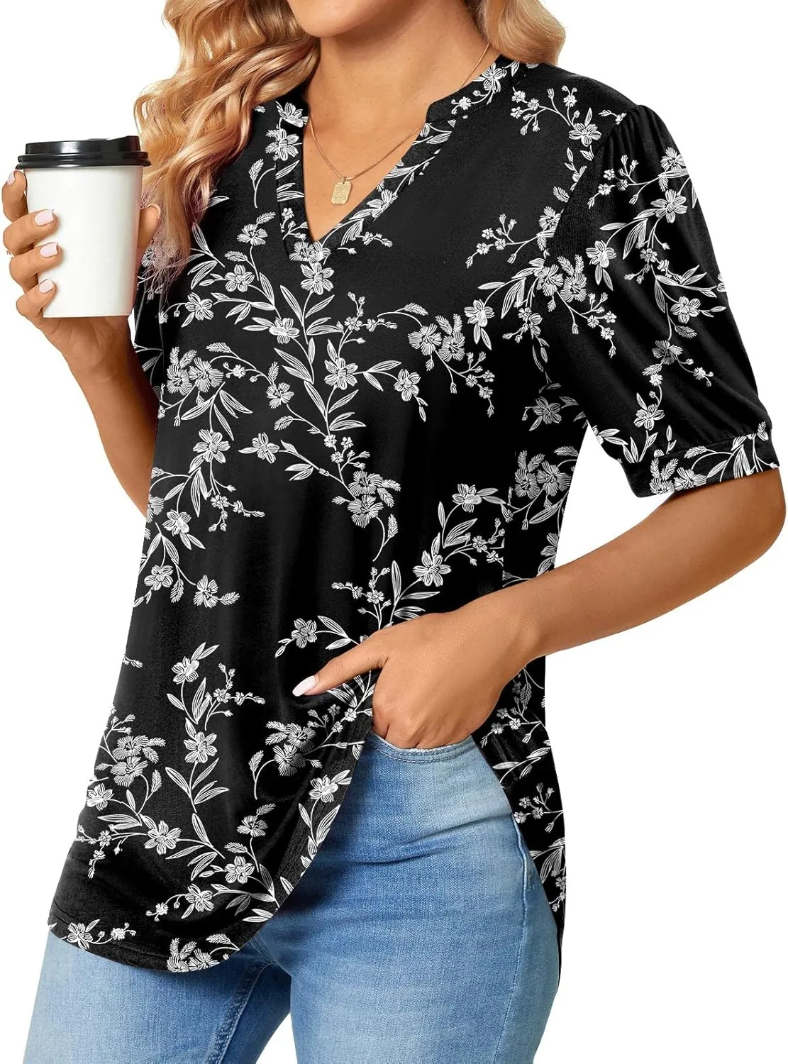 Anyally Womens Summer/Spring Puff Short Sleeve Tops Dressy Casual V-Neck T-Shirts Cute Blouse for Work
