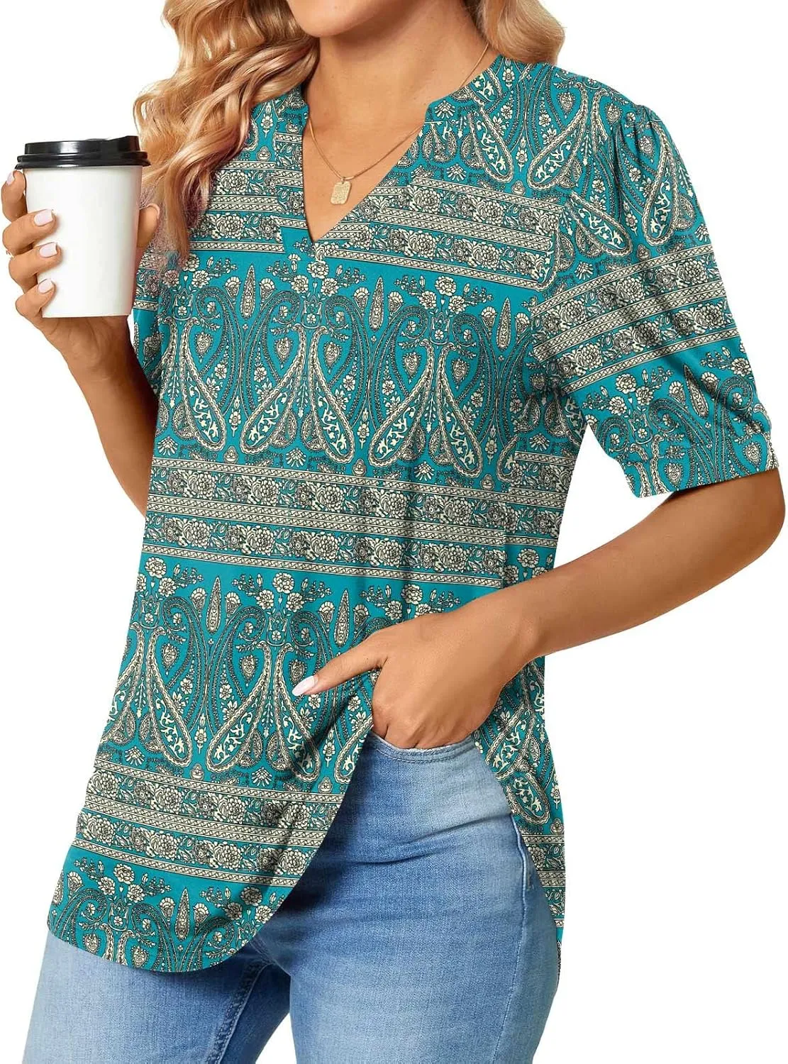 Anyally Womens Summer/Spring Puff Short Sleeve Tops Dressy Casual V-Neck T-Shirts Cute Blouse for Work