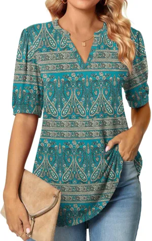 Anyally Womens Summer/Spring Puff Short Sleeve Tops Dressy Casual V-Neck T-Shirts Cute Blouse for Work