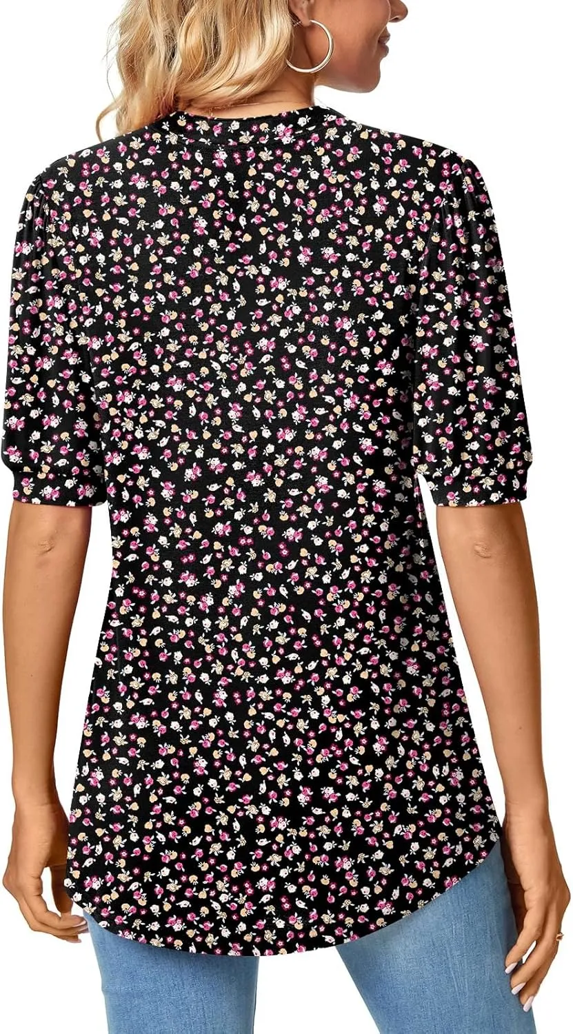 Anyally Womens Summer/Spring Puff Short Sleeve Tops Dressy Casual V-Neck T-Shirts Cute Blouse for Work