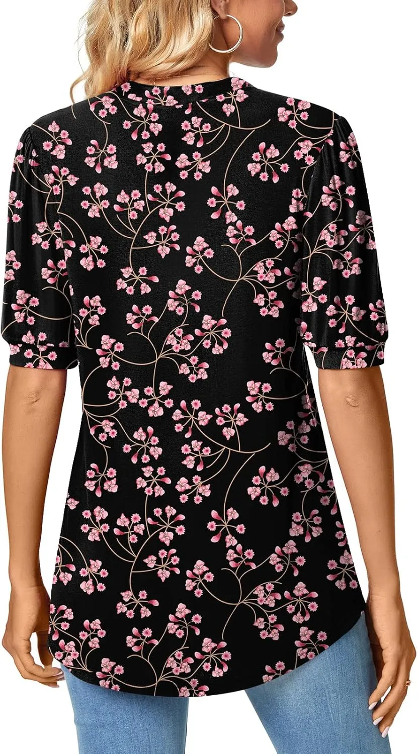 Anyally Womens Summer/Spring Puff Short Sleeve Tops Dressy Casual V-Neck T-Shirts Cute Blouse for Work