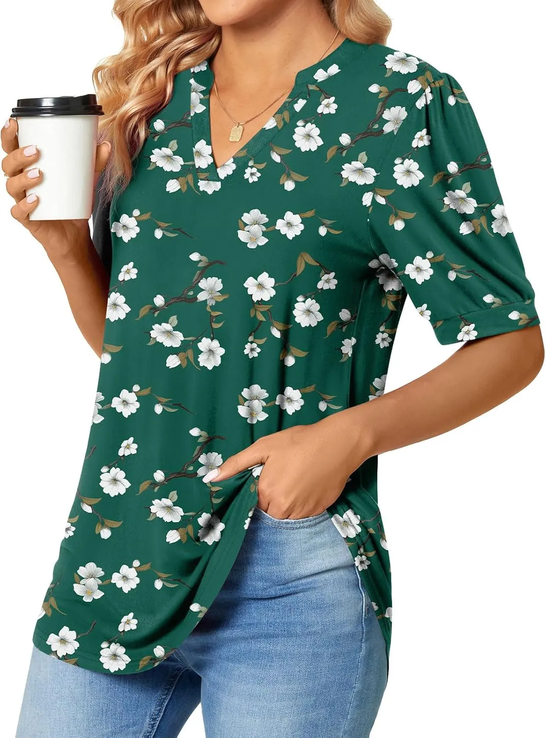 Anyally Womens Summer/Spring Puff Short Sleeve Tops Dressy Casual V-Neck T-Shirts Cute Blouse for Work