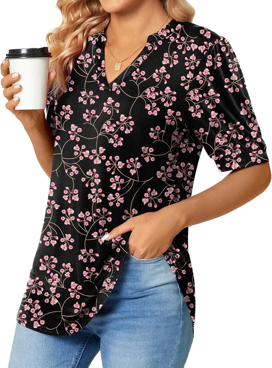 Anyally Womens Summer/Spring Puff Short Sleeve Tops Dressy Casual V-Neck T-Shirts Cute Blouse for Work