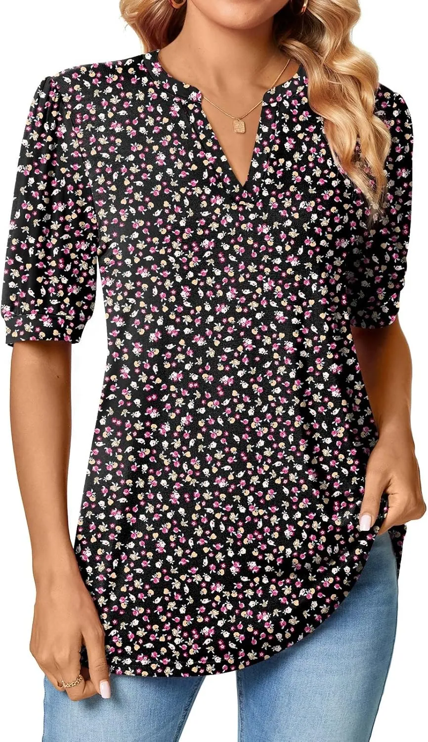 Anyally Womens Summer/Spring Puff Short Sleeve Tops Dressy Casual V-Neck T-Shirts Cute Blouse for Work
