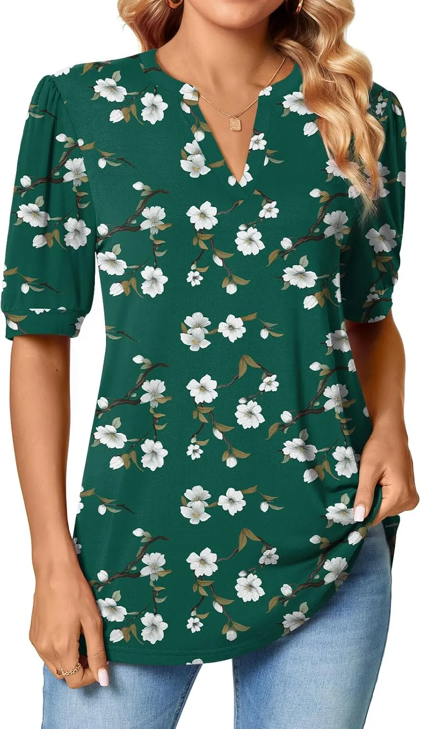 Anyally Womens Summer/Spring Puff Short Sleeve Tops Dressy Casual V-Neck T-Shirts Cute Blouse for Work