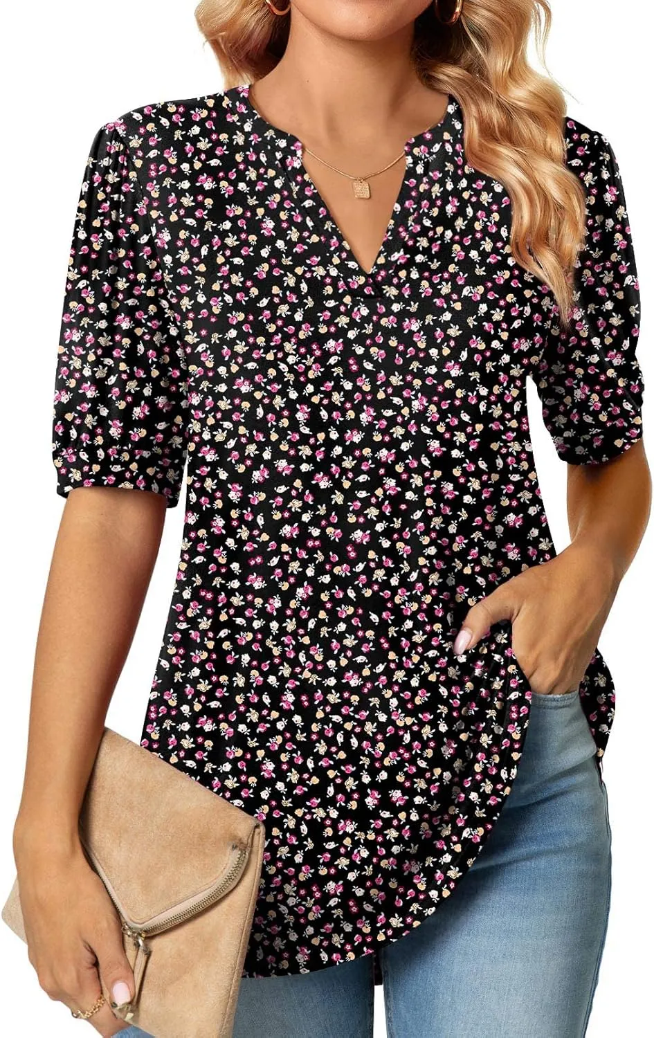 Anyally Womens Summer/Spring Puff Short Sleeve Tops Dressy Casual V-Neck T-Shirts Cute Blouse for Work