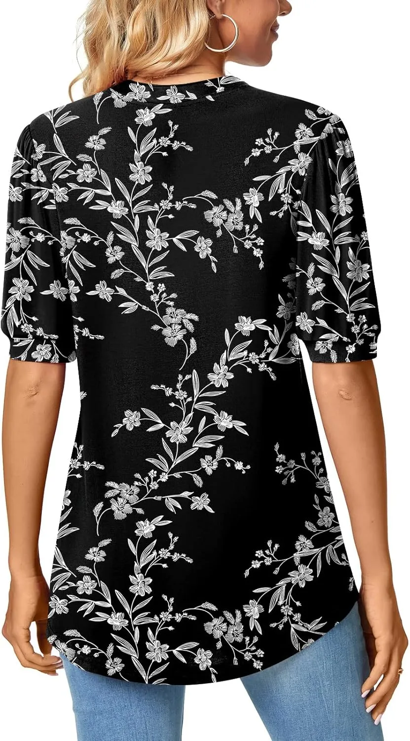 Anyally Womens Summer/Spring Puff Short Sleeve Tops Dressy Casual V-Neck T-Shirts Cute Blouse for Work