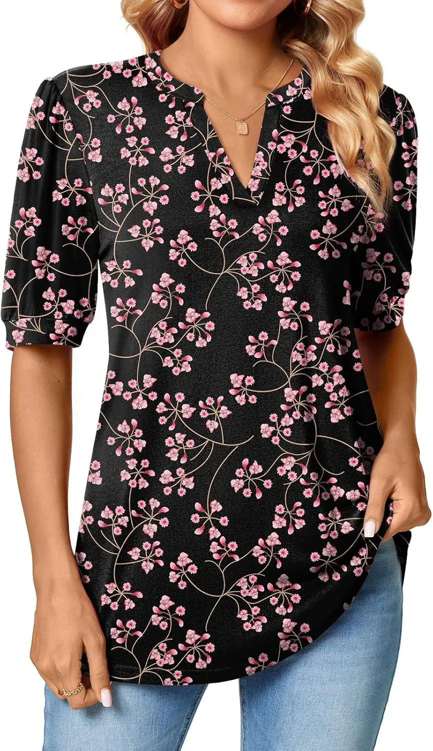 Anyally Womens Summer/Spring Puff Short Sleeve Tops Dressy Casual V-Neck T-Shirts Cute Blouse for Work