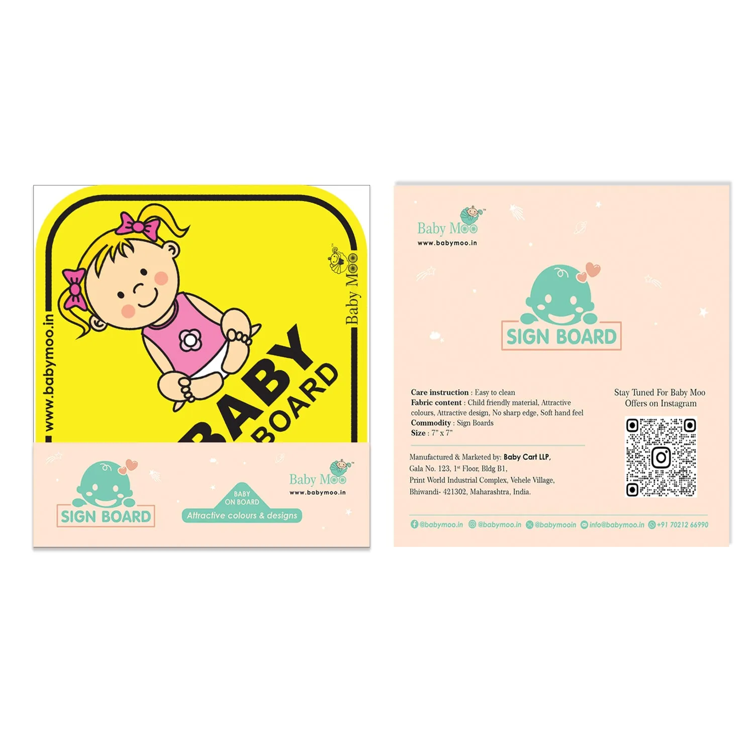 Baby Moo Infant Car Safety Sign Board With Vacuum Suction Cup Clip - Yellow