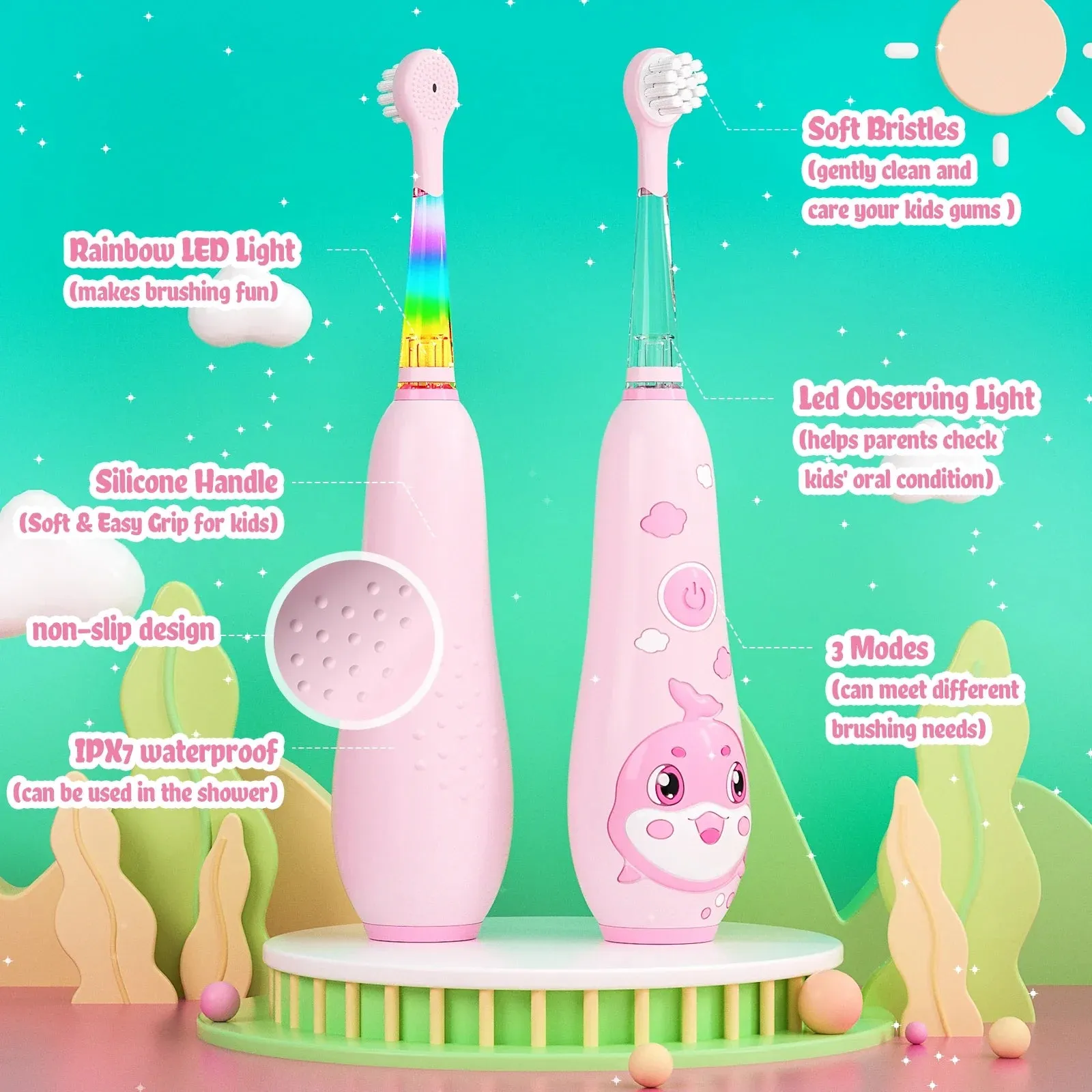 Colourful Dolphin Kids Electric Toothbrush Smart Timer Ipx7 Waterproof