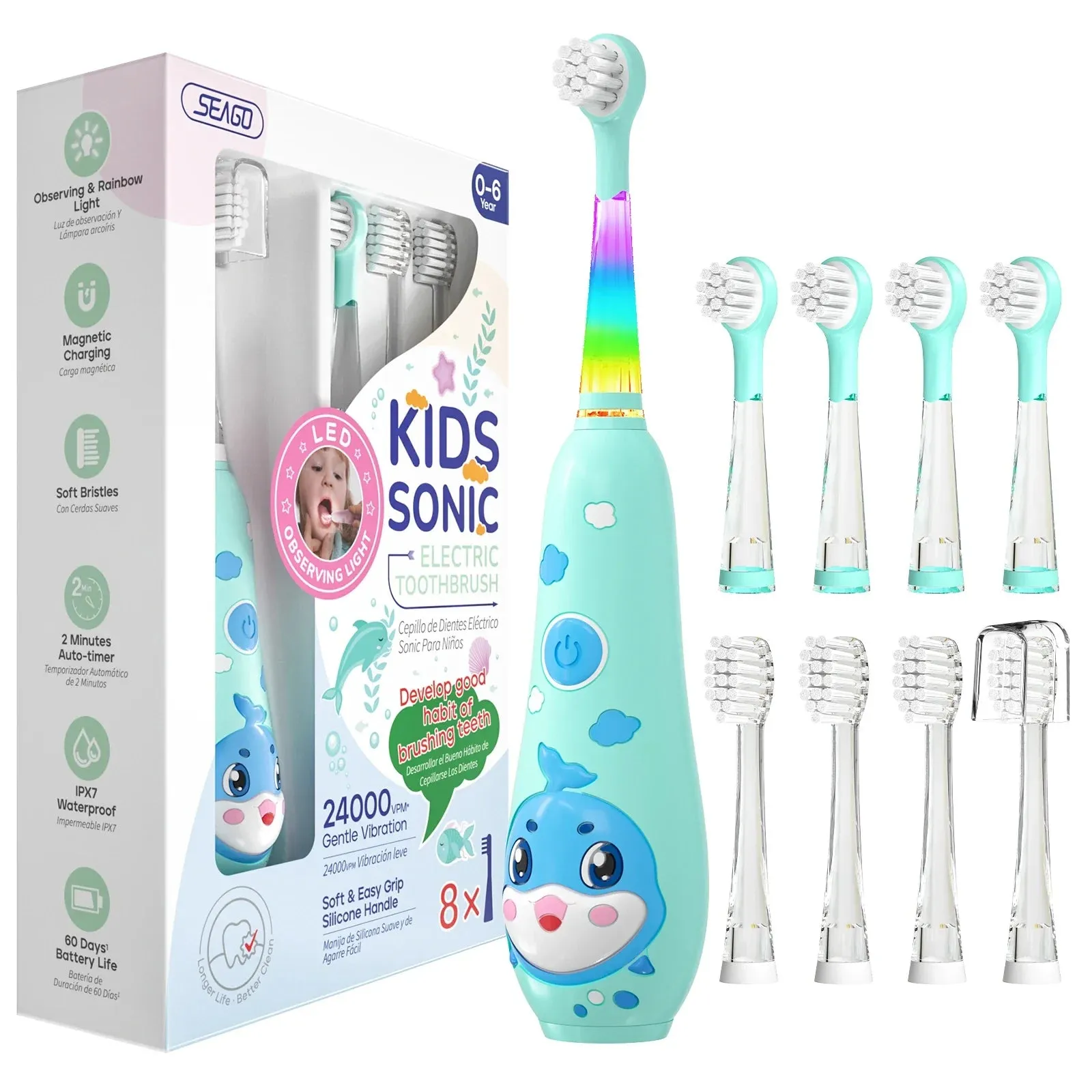 Colourful Dolphin Kids Electric Toothbrush Smart Timer Ipx7 Waterproof