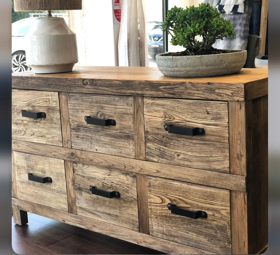 Drawers Rustic Recycled Elm Natural Timber 6 Drawer