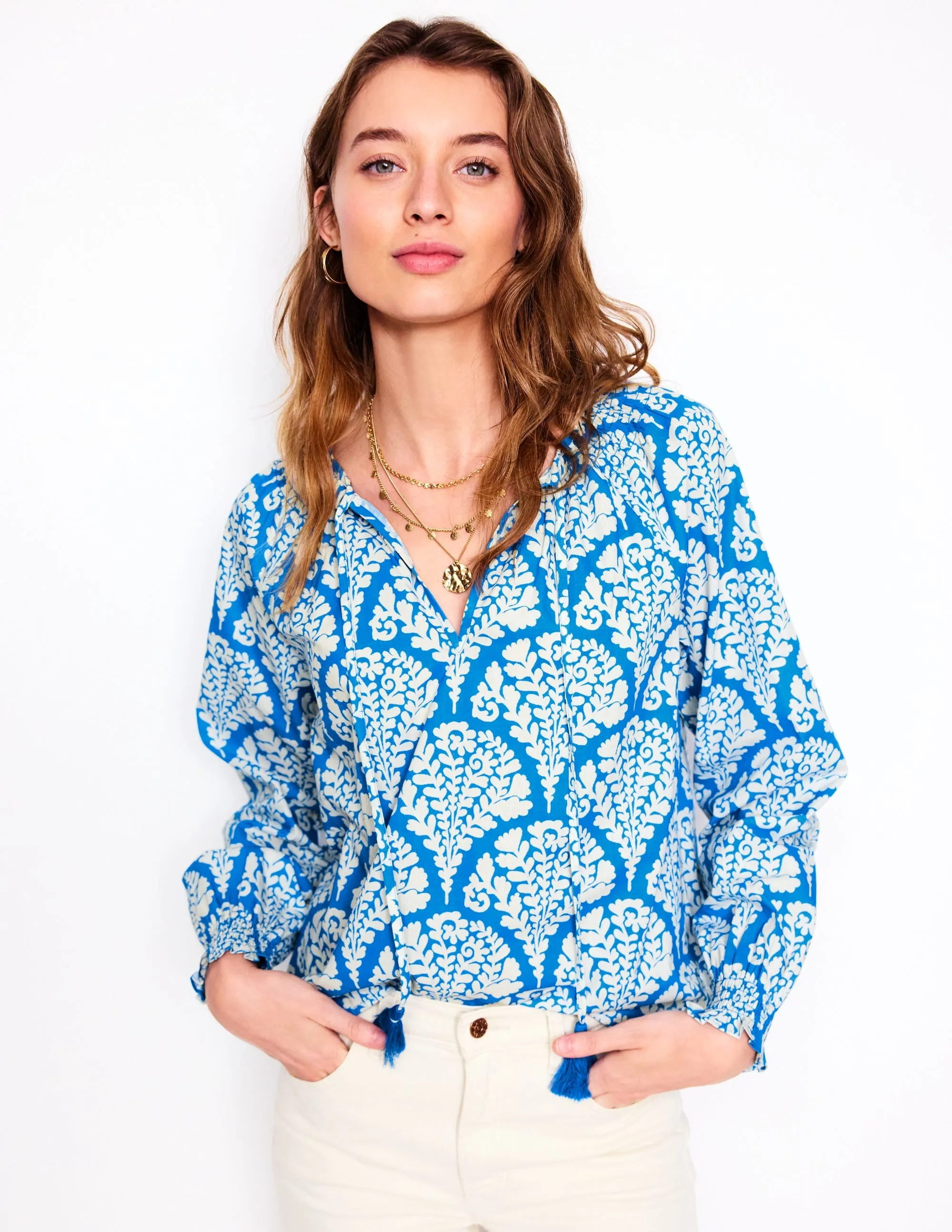 Easy Cotton Blouse-Cerulean Blue, Blossomy