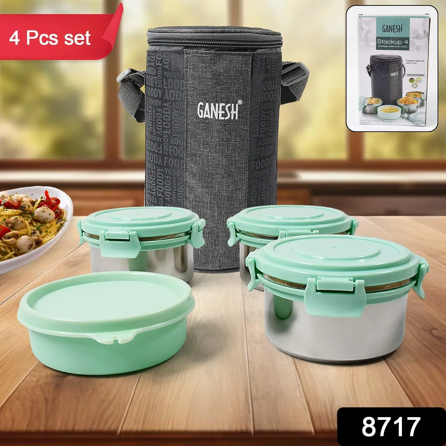 Ganesh 4In1Tiffin Box-Lunch Box | 3 Stainless Steel Containers 300 Ml Approx & Plastic Salad Container 200 Ml Approx| Plastic lid Box | Round Zip Bag | Leak Proof | Microwave Safefor Office, College and School for Men, Women