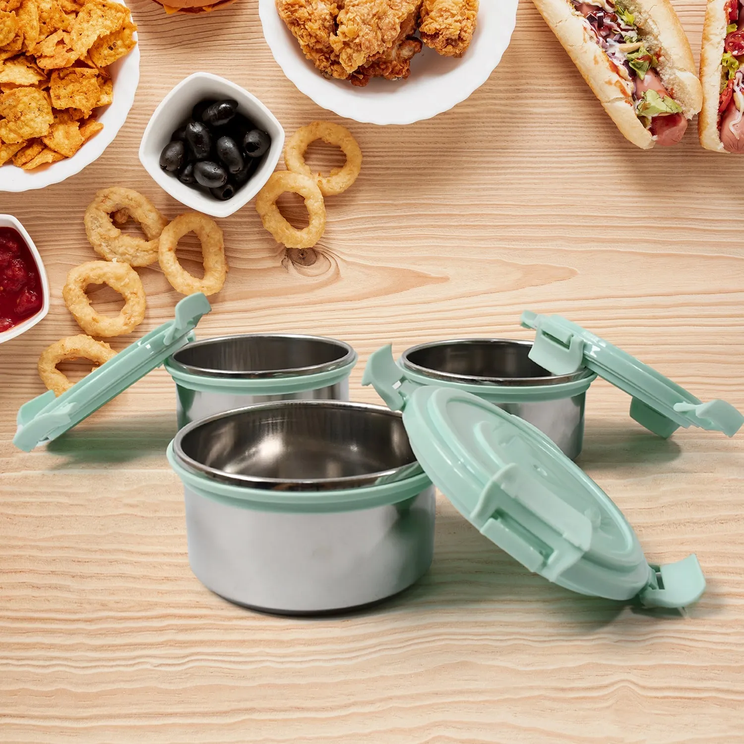 Ganesh 4In1Tiffin Box-Lunch Box | 3 Stainless Steel Containers 300 Ml Approx & Plastic Salad Container 200 Ml Approx| Plastic lid Box | Round Zip Bag | Leak Proof | Microwave Safefor Office, College and School for Men, Women