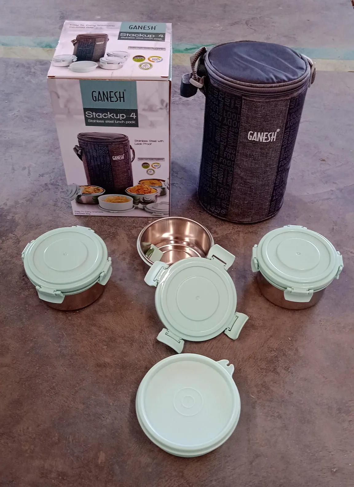 Ganesh 4In1Tiffin Box-Lunch Box | 3 Stainless Steel Containers 300 Ml Approx & Plastic Salad Container 200 Ml Approx| Plastic lid Box | Round Zip Bag | Leak Proof | Microwave Safefor Office, College and School for Men, Women