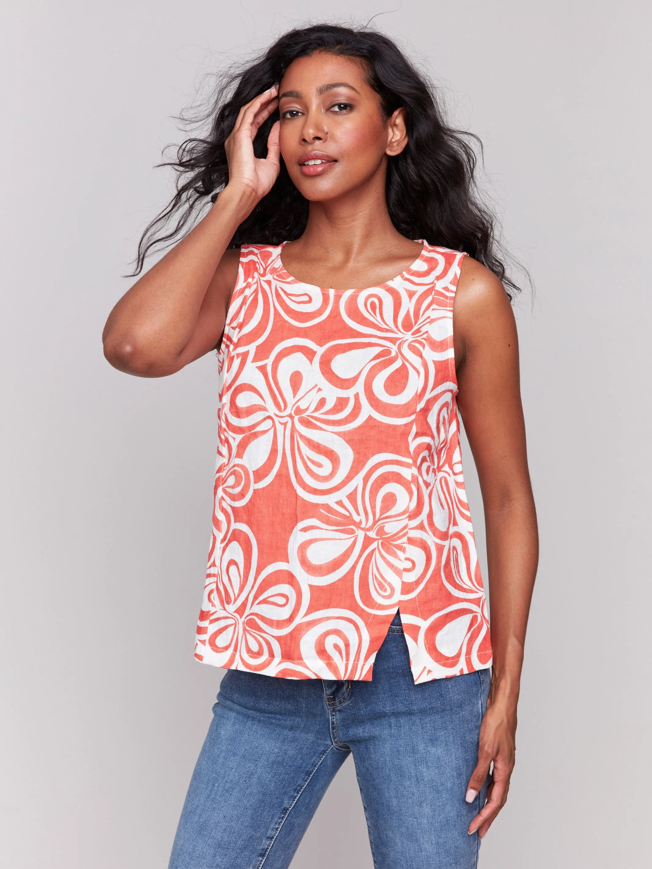 Printed Sleeveless Linen Blend Top with Slit - Coral