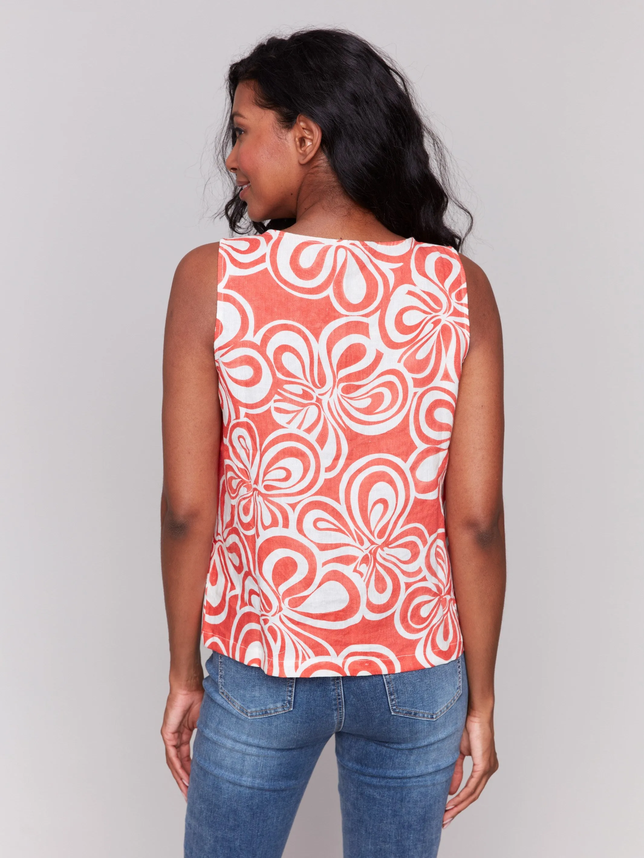 Printed Sleeveless Linen Blend Top with Slit - Coral