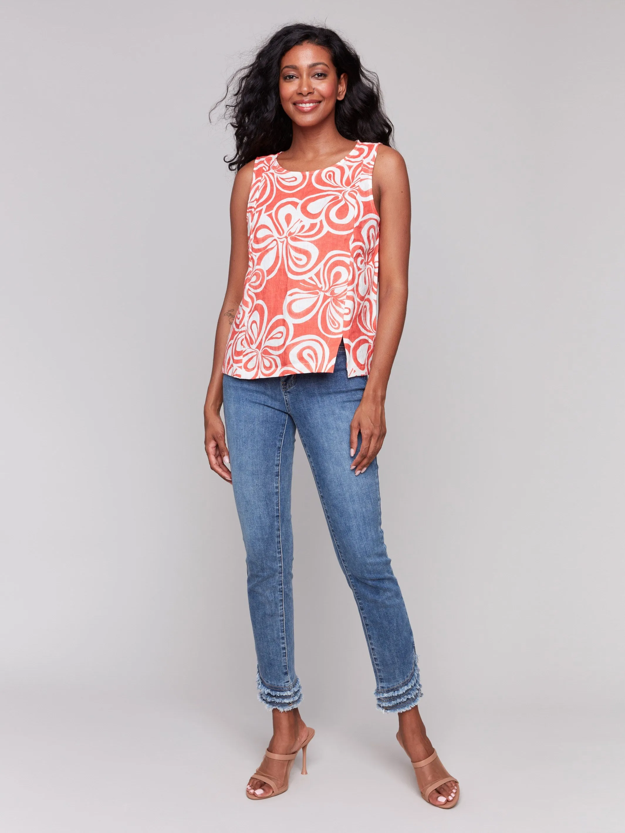 Printed Sleeveless Linen Blend Top with Slit - Coral