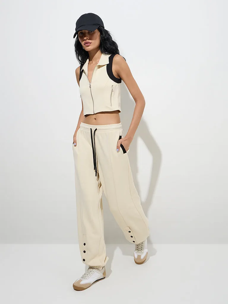 Studiofit Light Beige Contrast-Detailed Cotton-Blend Top