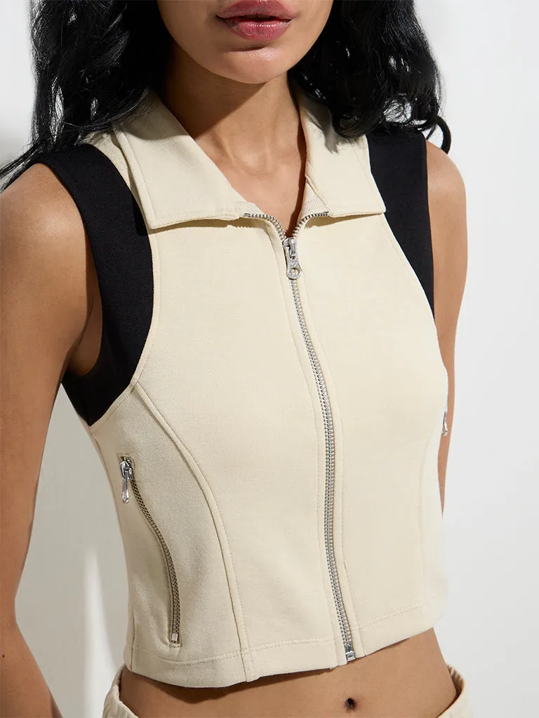Studiofit Light Beige Contrast-Detailed Cotton-Blend Top