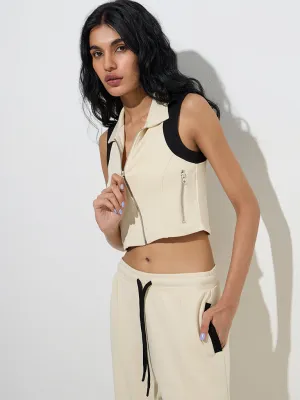 Studiofit Light Beige Contrast-Detailed Cotton-Blend Top